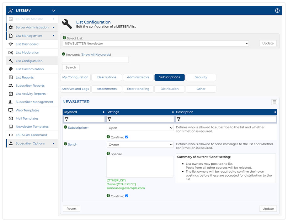 LISTSERV List Configuration