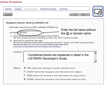 Define recipients from a LISTSERV List