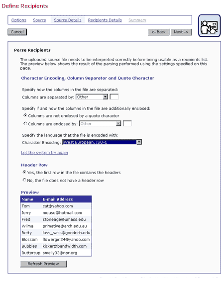 Define recipients source details - Character encoding