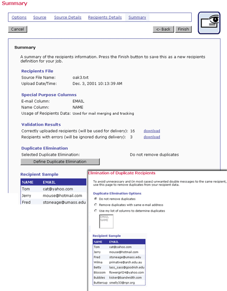 Recipient summary and duplicate elimination